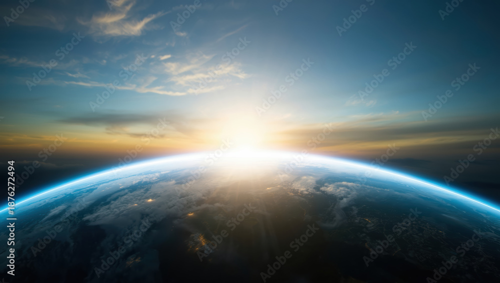 Fototapeta premium Sunrise over Earth horizon with glowing atmosphere and soft clouds, hopeful mood