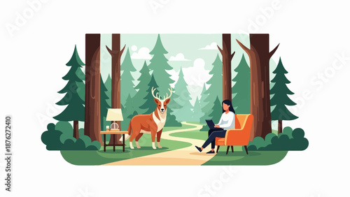 Woman working on laptop in forest with deer and lamp