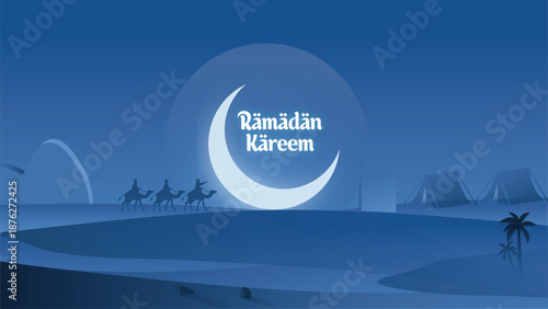 Ramadan Kareem Moon with Desert Landscape and Camels