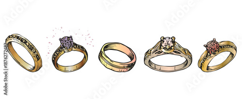 Hand Drawn Wedding Rings Set. Sketch Drawing of Golden Rings. Gold Jewelry Vector Illustration