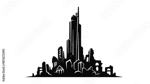 Dramatic dark silhouette of a futuristic city skyline with ancient ruins