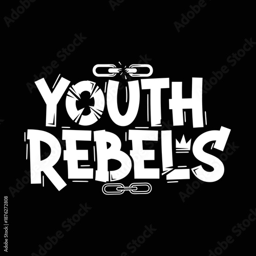 Youth Rebels text with chain links on black background.