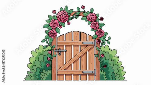 Wooden garden gate adorned with pink roses and green leaves
