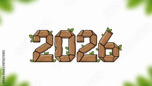Wooden numbers 2026 with leaves and green abstract shapes