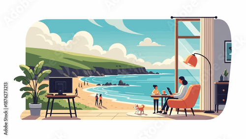 Work from home with a scenic coastal view, featuring a desk, a person, and a dog