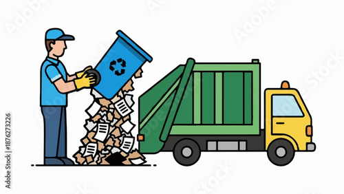 Worker empties trash bin into garbage truck