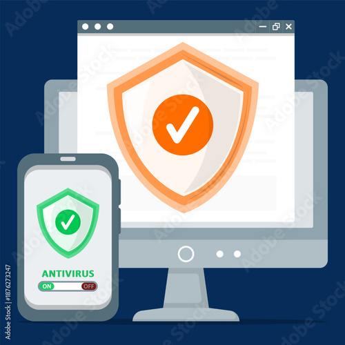 Antivirus software protecting computer and smartphone devices with security shield and check mark. Symbolizing digital protection, malware defense, and cybersecurity across multiple platforms