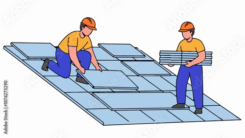 Workers installing flat, light blue panels on a roof, one carrying a stack