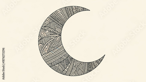 Crescent Moon with Intricate Line Art Patterns Isolated on Beige Background