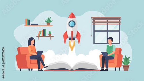 Two people on laptops in a room with a rocket launching from a book