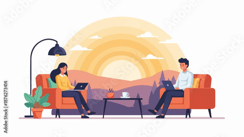 Two people on couches using laptops with a scenic sunset backdrop