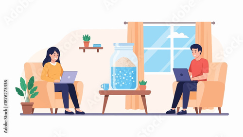Two people on couches using laptops in a room with plants, a jar, and a window