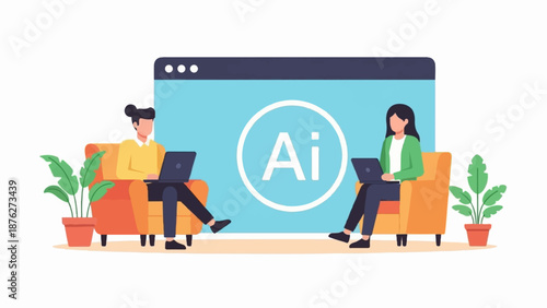 Two people on chairs with laptops in front of a screen showing AI