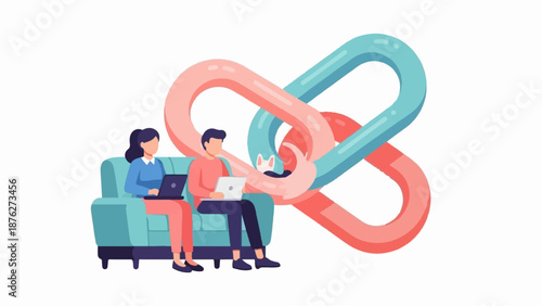 Two people on a sofa with laptops connected by large chain links