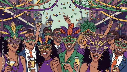 Mardi Gras Party People Wearing Masks and Celebrating with Champagne