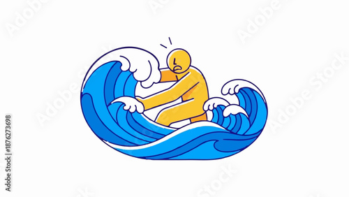 Yellow figure struggles in a turbulent ocean with big blue waves