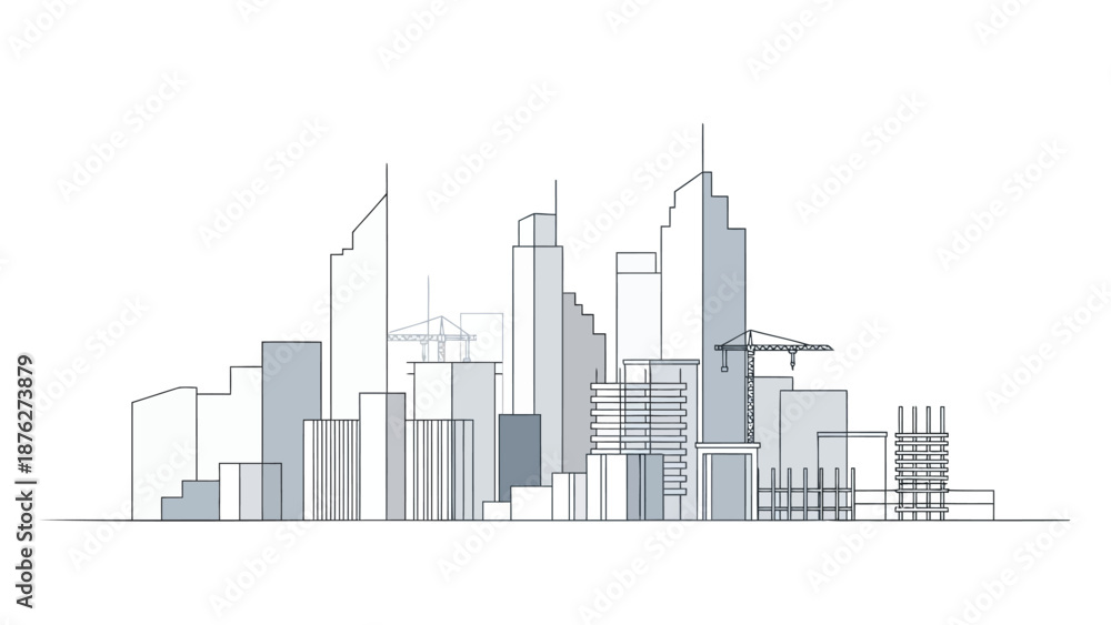Fototapeta premium Modern cityscape with skyscrapers and construction cranes