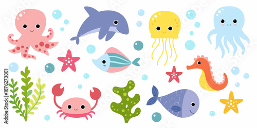 A collection of cute cartoon sea creatures and underwater plants illustrated