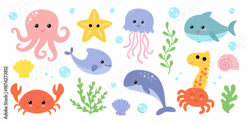 Cute cartoon underwater creatures including jellyfish octopus whales and colorful fish