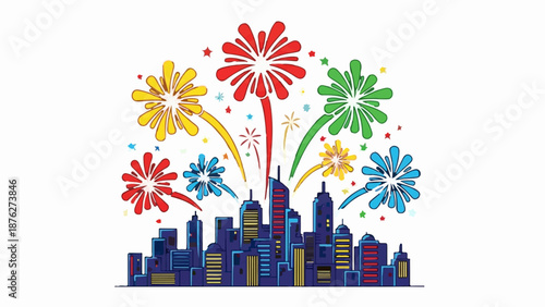 Vibrant fireworks erupt over a stylized city skyline with colorful bursts of light