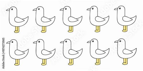 Simple cartoon drawings of several white birds with yellow beaks and feet