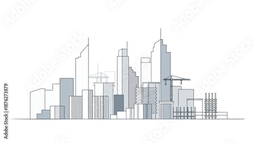 Modern cityscape with skyscrapers and construction cranes