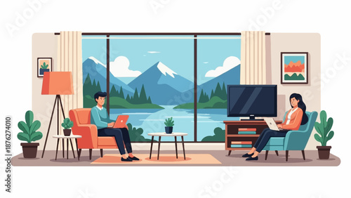 Two people work on laptops in a cozy living room with a mountain lake view