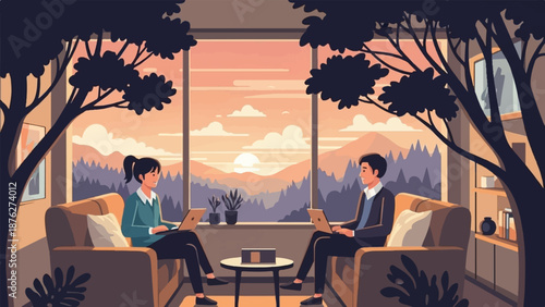 Two people work on laptops in a cozy living room with a scenic mountain sunset view