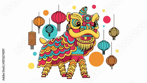 Vibrant lion dance costume with hanging lanterns and colorful circles