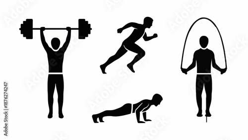 Collection Of Minimalist Black Silhouette Icons Representing Various Fitness Activities Including Weightlifting Running And Calisthenics