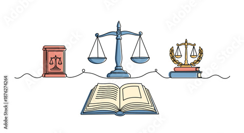 Legal symbols including scale of justice law books and gavel in continuous line drawing style for justice and judicial systems and law.