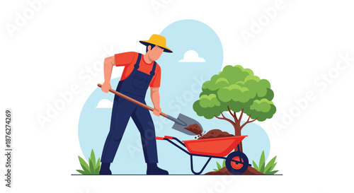 Farmer or gardener in overalls and hat using shovel to put soil into wheelbarrow near young green tree for planting activity in garden.