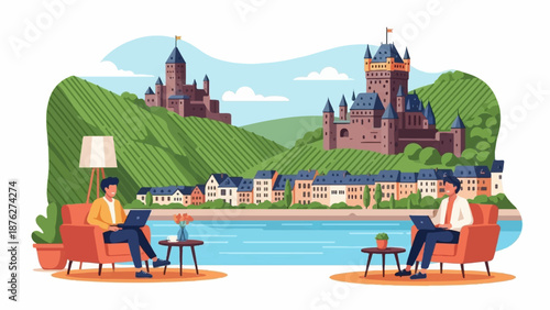 Two people work on laptops from comfortable chairs overlooking a riverside town and historic castles on vine-covered hills
