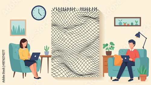 Two people work on laptops from comfortable chairs at home with plants and art