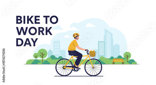 Person in yellow shirt and helmet riding bicycle to work in city park with buildings in background for eco-friendly travel and transport.