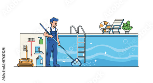 Worker cleaning swimming pool with net and maintenance equipment like brushes and chemicals nearby for professional pool service outdoors.