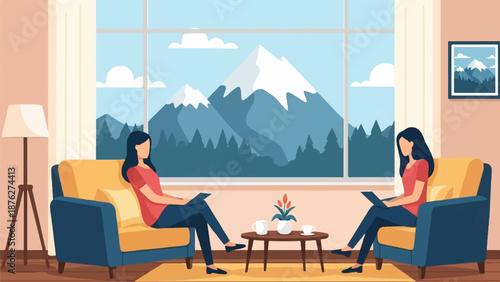 Two women relax in comfortable armchairs, looking out at a mountain landscape through a large window