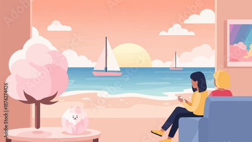 Two women relax indoors, gazing at a serene beach scene with sailboats and a sunset