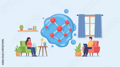 Two people work on laptops at home, a molecular structure floats above