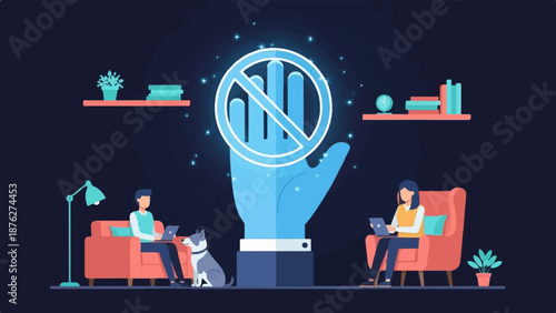 Two people work on laptops, a dog sits nearby, a glowing hand shows a prohibition sign