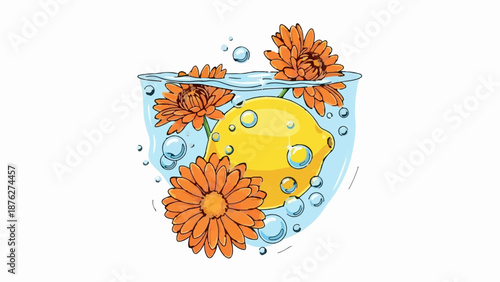 Vibrant orange flowers and a bright yellow lemon float in clear blue water with bubbles