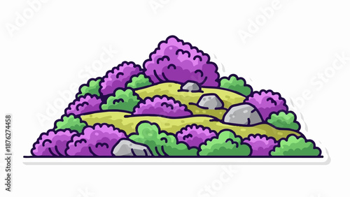 Whimsical cartoon landscape with rounded purple and green bushes and gray stones on rolling yellow hills