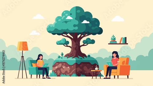 Two women relax with laptops near a tree