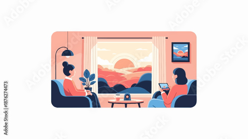 Two women relaxing indoors, viewing a scenic sunset through a large window