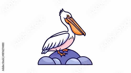 Whimsical cartoon pelican perched on purple rocks