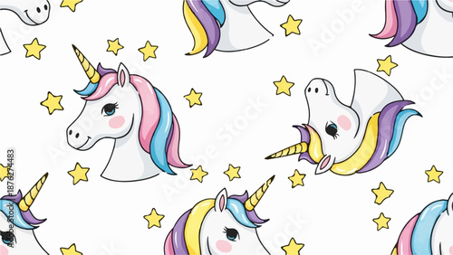Whimsical cartoon unicorns with rainbow manes and tails, interspersed with yellow stars on white