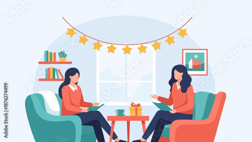 Two women sit in armchairs, reading and conversing in a cozy room with festive star decorations