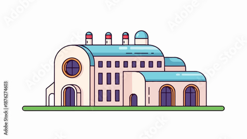 Whimsical factory with domes, chimneys, and arched windows on green ground