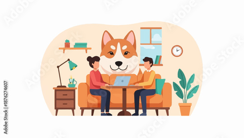 Two people use a laptop on a couch with a large dog head above them