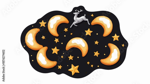 Whimsical crescent moons, golden stars, and a silver deer dance across a starry night